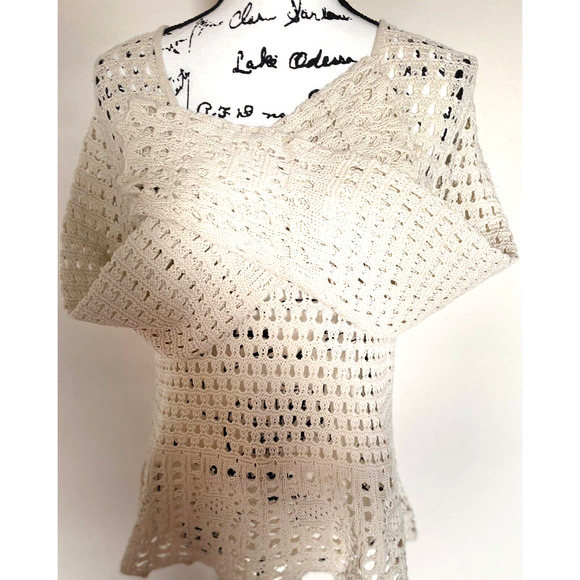 Women’s Jeanne Pierre Size Medium Oatmeal V-Neck Long Sleeve Open Knit Crochet - Picture 7 of 10